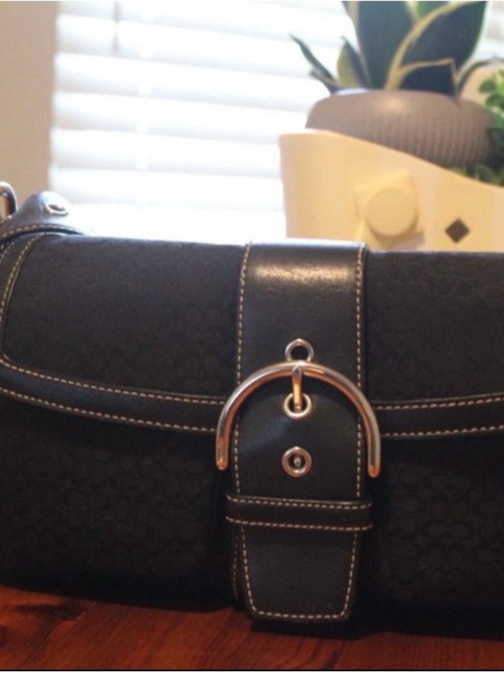 Coach Black Signature Canvas Shoulder Bag with Buckle